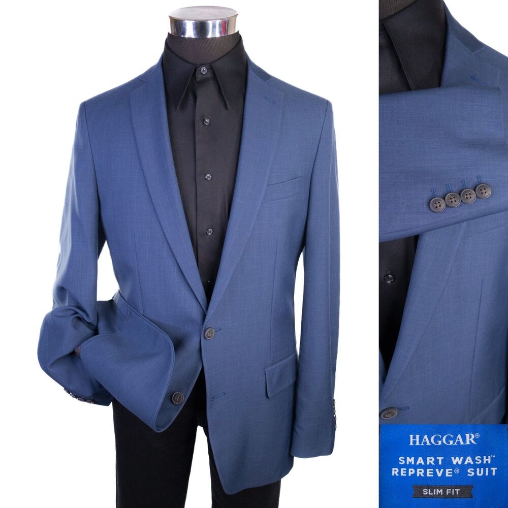 Haggar Smart Wash Repreve Jacket Sport Coat Blazer Sz 42L Solid Blue Poly Blend